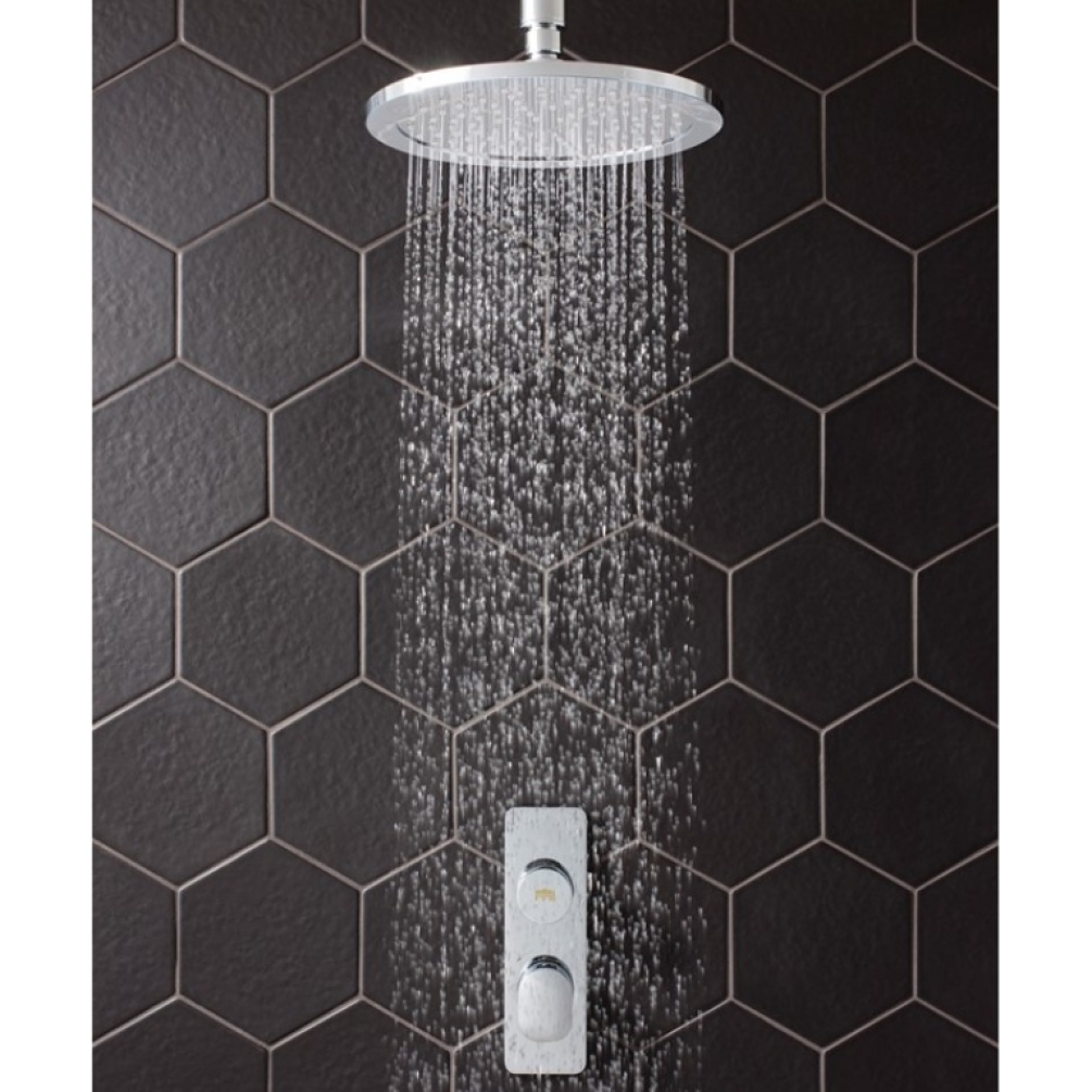 Product Lifestyle image of the Crosswater Dial 225mm Easy Clean Shower Head alongside the Dial 1 Outlet Thermostatic Shower Valve